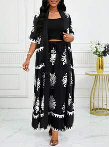 SHEIN Lady 2 stuks dames vintage bloemenprint lange jas en broek set