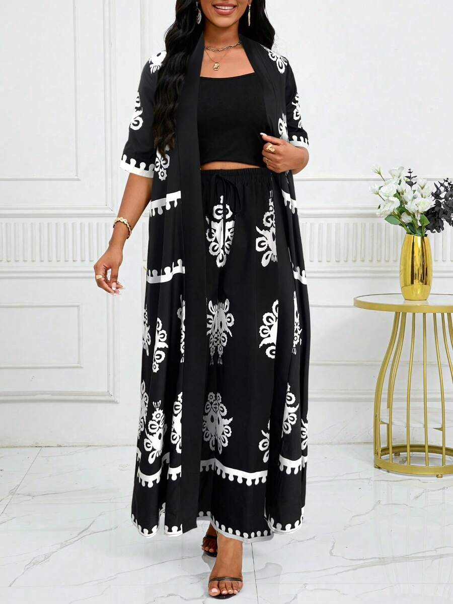 SHEIN Lady 2 stuks dames vintage bloemenprint lange jas en broek set