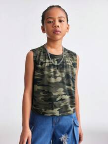 SHEIN Tween Girls Spring/Summer Camo Print Crop Tank Top For Kids - Army Green - View 4