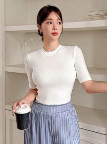 Women's Casual Versatile Solid Color Mid-Sleeve T-Shirt - White - View 3
