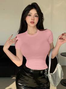 DAZY Solid Color Round Neck Tight-Fitting Short Sleeve Women T-Shirt, Simple Fashion Casual Daily Wear Summer - Pink - View 3