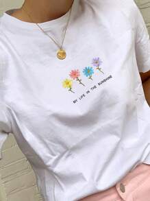 SHEIN EZwear 女士休闲花卉字母印花圆领 T 恤，夏季 - 白色 - 查看 4