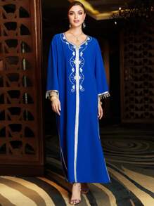 Al Najma Handmade Navy Blue Beaded Dress Kaftan Jalabiya Dress - Royal Blue - View 6