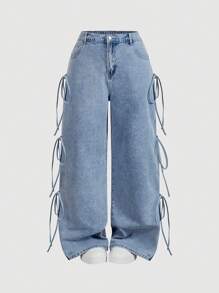 SHEIN MOD 加大码女式宽松直筒牛仔裤，系带设计，蓝色夏季、度假女士、复活节、春季、西部风、女性办公室、狂欢派对、迎婴派对、乡村风、乡村女性、老派金钱风格女性、外出、节日、牛仔竞技、机场 - 藍色 - 查看 2
