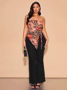 SHEIN BAE Plus Size Women Elegant Vacation Drawstring Asymmetric Bandeau Top, Flower Print Design, Suitable For Music Festival, Beach Holiday/Going Out Tops/Concert Tops/Summer Clothes/Sleeveless Top/Casual Tops/Graphic Crop Top,Graduation - Khaki - View 3