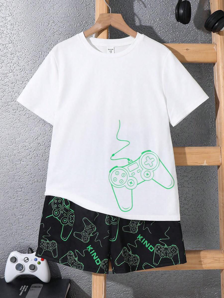 SHEIN 2件套 青少年男童休闲电子游戏图案圆领短袖T恤和短裤睡衣套装 - 綠色 - 查看 1