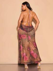 SHEIN BAE Plus Size Elegant Floral Maxi Dress: Sheer Mesh Brown And Pink Rose Print With Spaghetti Straps - Brown - View 1