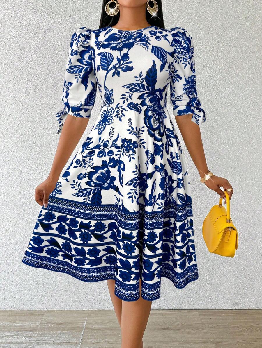 SHEIN Lady Váy thanh lịch mùa xuân và mùa hè cho phụ nữ Trang phục kỳ nghỉ Trang phục mùa hè cho phụ nữ Váy sinh nhật cho phụ nữ Váy mùa hè cho phụ nữ Đám cưới Váy dự tiệc cưới Váy nghỉ hè cho phụ nữ Quần áo nhà thờ Váy nữ họa tiết hoa màu xanh lam Thiết kế cà vạt tay áo Váy nữ - Màu xanh lam - Xem 1