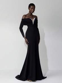 Elitara Elegante vestido de Body ceñido con volantes y escote en V, de manga larga, elástico, con cola de pez, adecuado para invitados de boda, fiestas de solteros, vacaciones, bailes, galas de noche, fiestas, vestido formal