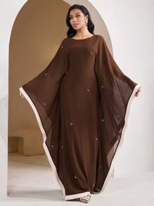 Veilorie Vestido elegante de manga larga, cuello redondo y unicolor con parches