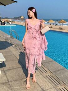 DAZY 2 pièces/set Chemise et Top d'été femme style bohème avec volant ourlet floral ditsy, cache-maillot de plage