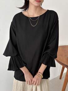 FRIFUL Women's Loose Fit Black Shirt, Round Collar, Flare Sleeves, Elegant Style Long Sleeve Blouse, Spring,Ruffle