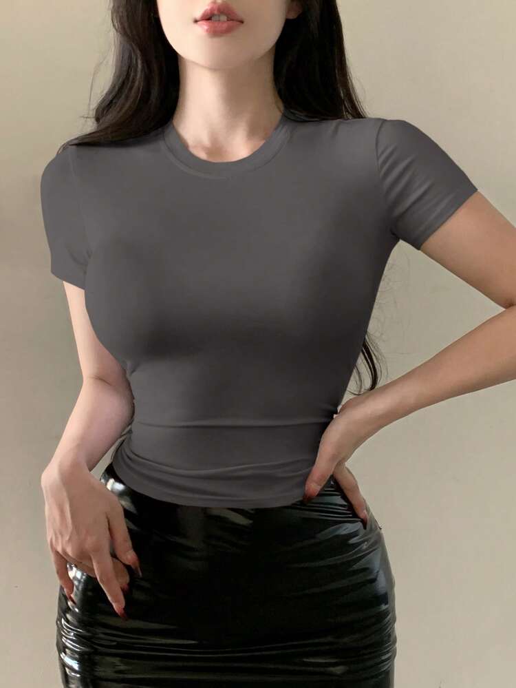 Casual Solid Color Round Neck Tight Fit Short Sleeve Women T-Shirt Summer Preppy Tops