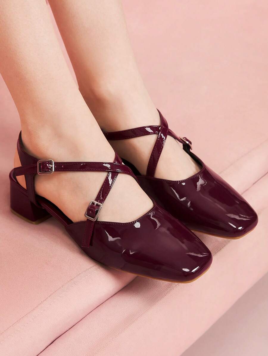 CUCCOO DOLLMOD Women's Square Toe Chunky Heel Mule Slippers, Casual Daily Wear Spring Shoes Spring Break Easter - Burgundy - View 1