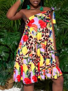 Slaydiva New Spring/Summer Casual Gradient Print One Shoulder Twist A-Line Short Dress - Multicolor - View 5