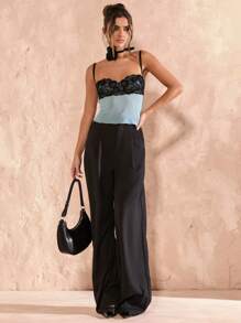 SHEIN BAE 女士对比色蕾丝吊带背心 - 棕色 - 查看 4