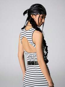 SHEIN Teen Girls Spring/Summer Streetwear Striped Backless Side Slit Dress Backless Dress,Parent-Child Clothing - Black and White - View 2