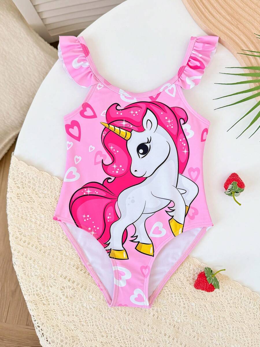 SHEIN Young Girl 1pc One-Piece Swimsuit With Ruffles, Cartoon Print, Random Other Prints - Pink - View 1