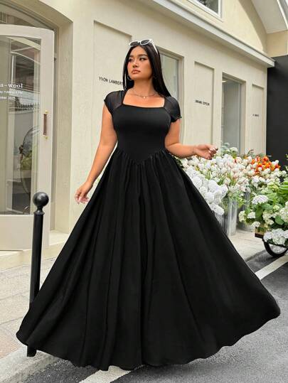 SHEIN EZwear Vestido casual negro de manga corta y largo, talla grande, elegante y casual para vacaciones, trabajo/oficina, brunch, Fairycore, atuendo cómodo para conciertos. Top de tirantes brillante blanco, atuendos modestos de club para mujeres, sexy y de moda para uso diario, vestido de invitada de boda para mujer en verano/primavera