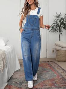 SHEIN LUNE Loose Casual Non-Elastic Button Pocket Patchwork Washing Denim Bib Pants Boyfriend Jeans - Blue - View 1