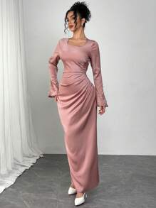 Modelyn 法式长袖斜V领修身中长连衣裙 - 藕粉色 - 查看 3