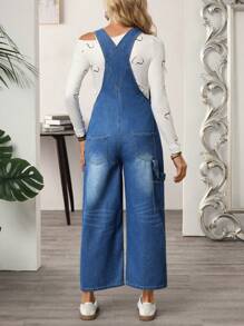 SHEIN LUNE Loose Casual Button Pockets Washed Denim Bib Pants - Blue - View 4