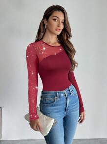 SHEIN Privé Women's Elegant Black Round Neck Mesh Splice Top - Burgundy - View 4