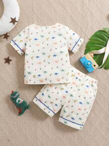 2pcs/Set Baby Boy Cute Animal Print Round Neck Short Sleeve Tee And Shorts Pajama Set, Spring & Summer - Multicolor - View 2