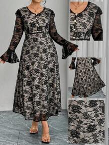 Modelyn Elegant V-Neck Plus Size Lace Midi Dress Fall Cloth For Women - Black - View 9