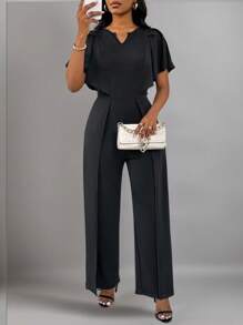 Roamenne Roamenne Women's Solid V-Neck Elegant Casual Jumpsuit - Black - View 1