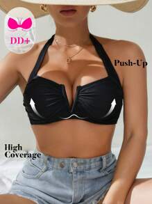 Swim DD+ Áo bikini hở lưng cổ chữ V màu đen cho nữ Spring Break DD, phong cách lễ hội Boho, cho kỳ nghỉ hè ở bãi biển - màu đen - Xem 6