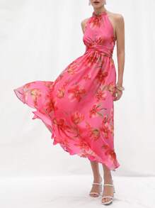 Aveloria Rosie New Fashion French Style Elegant Ladylike Vacation Romantic Mini Stand Collar Shoulder Cut-Out Waist Ruched Cinched Waist Fitted Flared Hem Bold Floral Print Chiffon Dress For Women Boho Beach Fashionable Style All Over Print For Summer