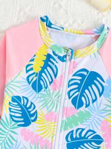 1pc Leaf Print Zipper One-Piece Swimsuit - Multicolor - View 5