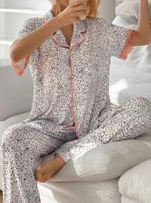 DAZY Leopard Print Contrast Color Lace Trim Loose Women Pajama Set - White - View 4