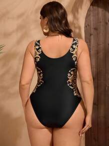 Swim Lushoire Plus Size Women Printed Standard Sleeveless Casual One-Piece Swimsuit, Suitable For Swimming Pool, Beach, Holiday, For Summer Vacation
