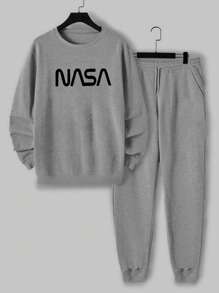 RueChic Cotton Men's Set Of Letter Printed Sweatshirt And Sweatpants - Grey - View 2