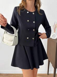 RueChic Women Solid Color Two Pieces Blazer And Skirt Sets - Navy Blue - View 5