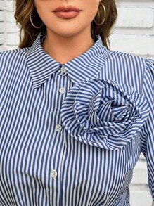 SHEIN Clasi Women's Floral 3D Decor Tie-Front Collared Shirt, Spring/Summer - Blue and White - View 1