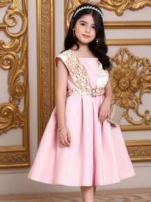 SHEIN فستان مطرز بالورود والجاكار المجدول للفتيات المراهقات، طراز أميرة، للحفلة، عيد الميلاد، طراز قصر فخم، فستان فتاة الزهور