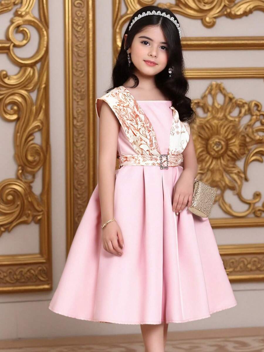 SHEIN فستان مطرز بالورود والجاكار المجدول للفتيات المراهقات، طراز أميرة، للحفلة، عيد الميلاد، طراز قصر فخم، فستان فتاة الزهور