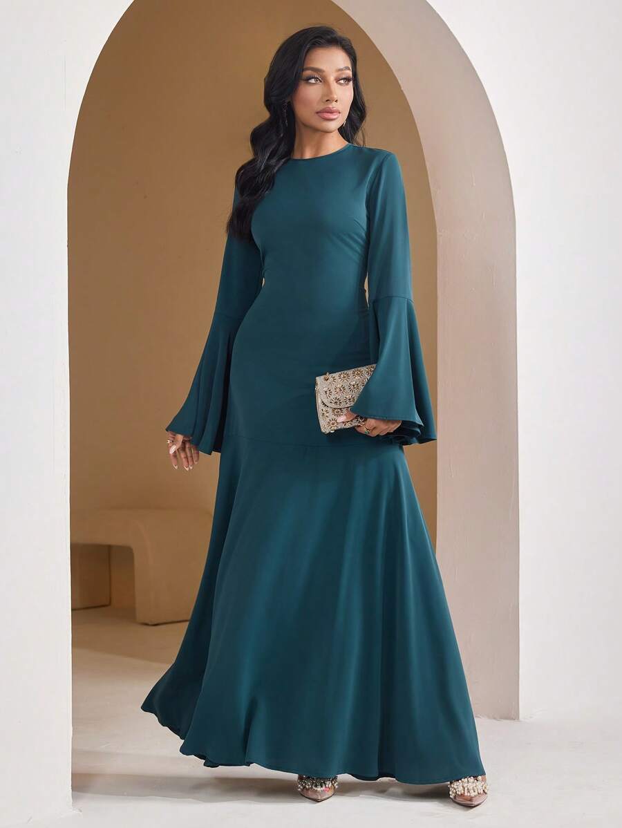 Veilorie Women's Solid Color Round Neck Flared Bell Sleeve Ruffle Hem Dress, Elegant - Dark Green - View 1