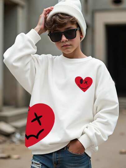 SHEIN 1 pieza Sudadera con cuello redondo de felpa con estampado de cara sonriente y corazón para niño preadolescente, casual para otoño/invierno, parte de conjunto a juego familiar "Mamá e Hija" (4 piezas se venden por separado)