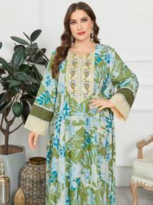 Al Najma Plus Size Long Sleeve Printed Ribbon Trim Arabian Dress - Multicolor - View 6