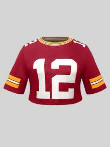 INAWLY Plus Size Contrast Stripe & Numeral Print Cropped T-Shirt - Red - View 3