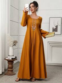 Yasmyna 刺绣彩色土耳其和阿拉伯风格女士长款束腰连衣裙，女士休闲连衣裙，端庄的卡夫坦