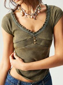 Bohemela BOHO Casual Solid Color V-Neck Short Sleeve Fitted Women T-Shirt - Army Green - View 2