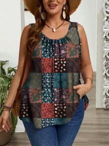 EMERY ROSE Plus Size Wide Strap Ruched Loose Tank Top, Suitable For Spring And Summer,Western Wear Women Suitable For Going Out,Vacation - Multicolor - View 4