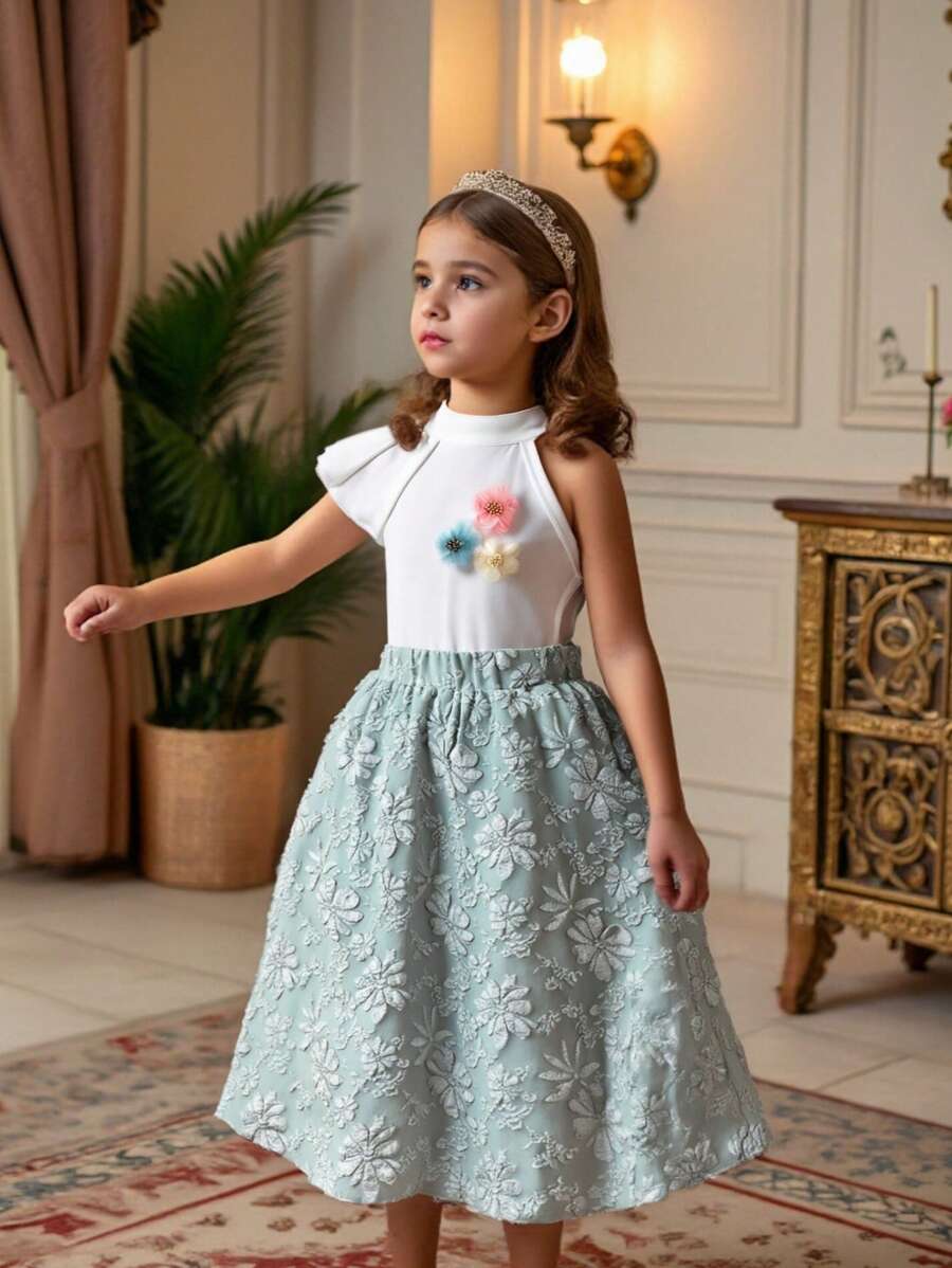 Young Girl Elegant Eid Mubarak Set: White Knitted Sleeveless Halter Top And Green Jacquard Long Skirt, Summer Special Occasion Outfit - White - View 1
