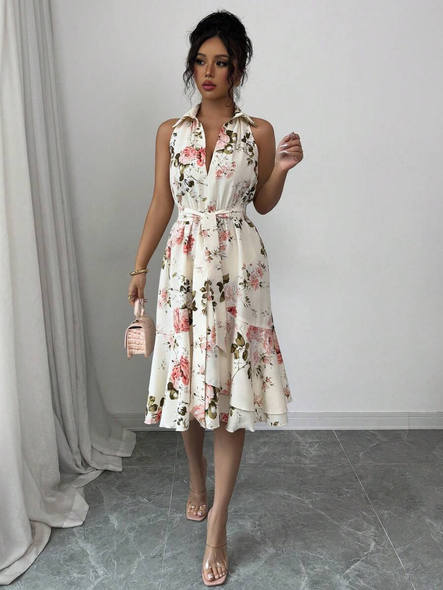 Elenzga Women Floral Print Elegant Romantic Ladies Dress - Multicolor - View 1