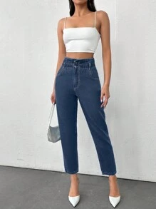 Cottnline Slant Pocket High Waist Mom Fit Jeans - Dark Wash - View 5